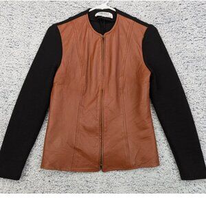 VTG Leather Merino Wool Moto Jacket Size 8 Full Zip Biker USA Made Chic Brown